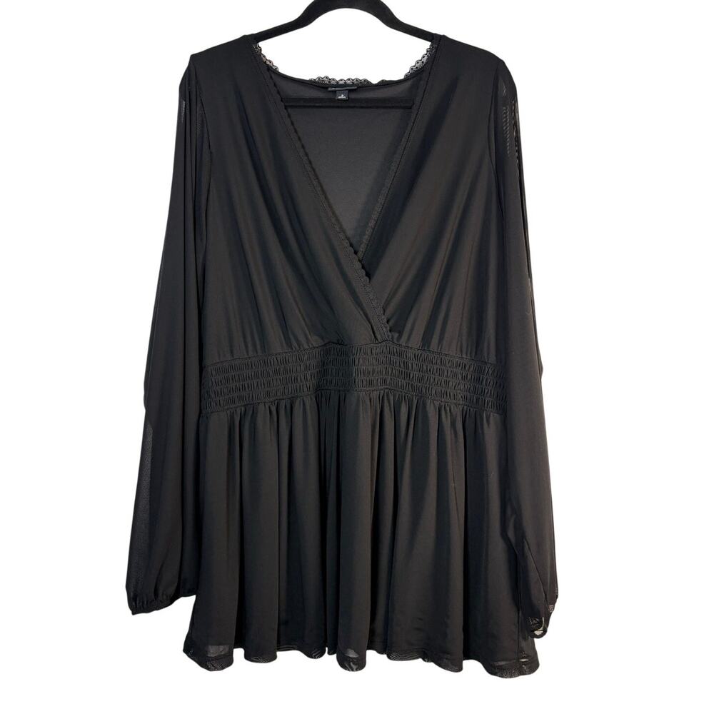 Torrid Black Sheer Mesh Sleeve V-Neck Lace Smocked Peplum Babydoll Peasant 3X